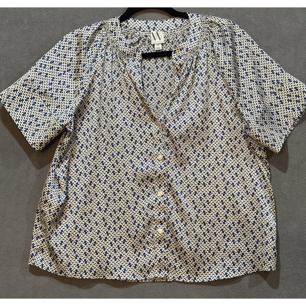 Worthington V-neck Button Up Blouse White Black Blue Multicolor Geometric Silky